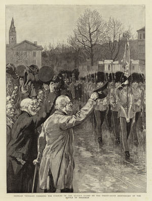 Crimean Veterans cheering the Colours of the Queen's Guard on the Thirty-Sixth Anniversary of the Battle of Inkerman (engraving)