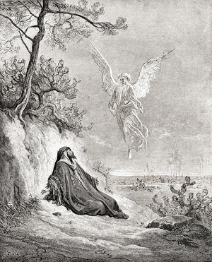 Elijah nourished by an Angel. After a work from The Bible by Gustave Dore.  From Life and Reminiscences of Gustave Dore, published 1885.