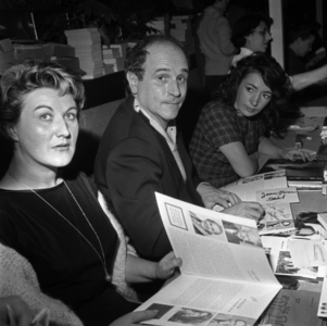 Singer Leo Ferre With his 2Nd Wife Madeleine Rabereau (R) at National Writers Committee Meeting February 11, 1961 (b/w photo)