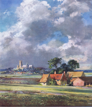 Ely Cathedral, illustration from The Sphere, 1953 (colour litho)