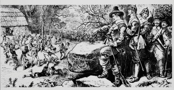 Pilgrims Observing the Anglicans led by Thomas Morton Dancing Around a Maypole at Mare Mount (Merrymount) Settlement, 1628