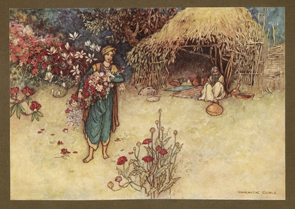 Plate 17: "At dawn he used to cull flowers in the first", from Folk-Tales of Bengal ... With 32 illustrations in colour by Warwick Goble. (Edition de luxe.), 1914 (colour litho)