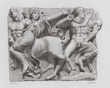 Battle between Lapiths and Centaurs at the wedding of Pirithous, ancient Greek marble sculpture (engraving)