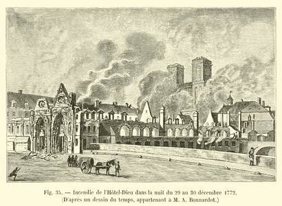 Incendie de l'Hotel-Dieu dans la nuit du 29 au 30 decembre 1772, D'apres un dessin du temps, appartenant a M A Bonnardot (engraving)