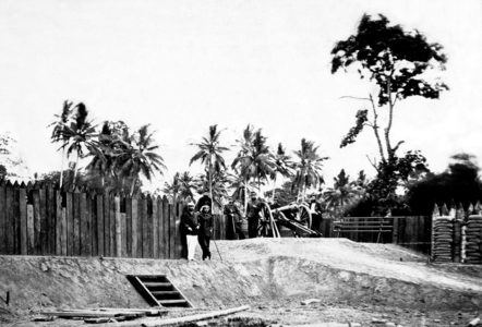 Indonesia / Sumatra: Dutch officers and artilley at Fort Peunajong  near Banda Aceh, 1873-74. Aceh War (1873 - 1914)