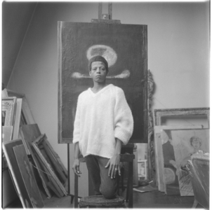 Hussein Shariffe, portrait of Sudan born artist and filmmaker, also photographed by Ida Kar, Soho, London, UK, 1963 (b/w photo)