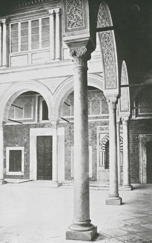 The Courtyard of a Rich Arab's House, Showing the Favourite Black and White Architecture (b/w photo)