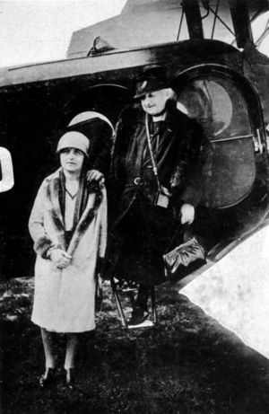 Anne Marie Clementine de Rochechouart-Mortemart (1847-1933) duchess of Uzes and vice-President of the Women's Aeroclub of France, with its President Suzanne Deutsch de la Meurthe, c. 1926