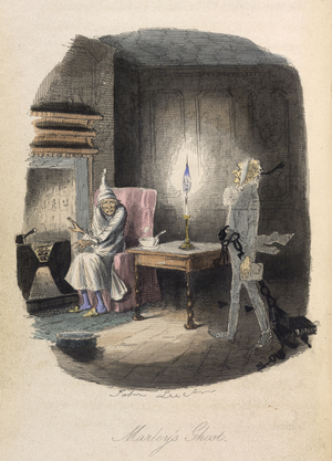 Marley's Ghost. Ebenezer Scrooge visited by a ghost.