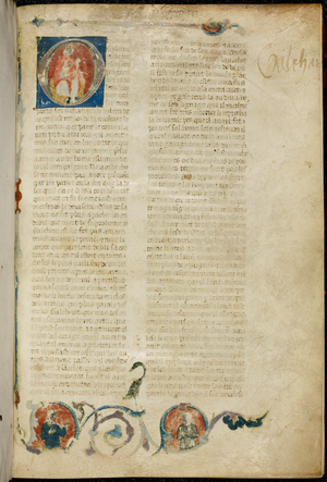 Historiated initial 'O'(r) with a seated king and foliate decoration including acanthus leaves forming a partial border with a bird and 2 human figures at the beginning of the text. Date of acquisition inscribed by Humfrey Wanley in the upper margin
