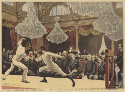 A fencing match before the President of France at the Elysee Palace (colour litho)
