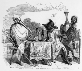 La Fontaine's fable (by Jean de La Fontaine) : the Fox and the Stork, engraving by J.J. Grandville, c. 1838-40