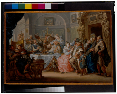Interior with elegant figures in masquerade costume feasting, 1740 (oil on copper)