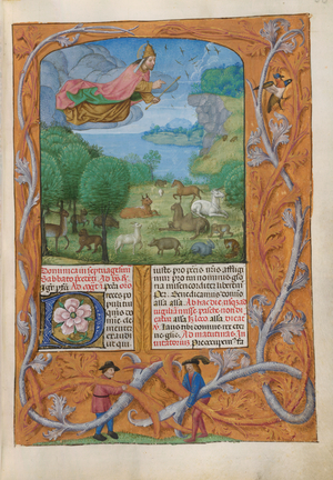 The creation.
Temporale; Septuagesima Sunday.The Creator above; landscape with animals, including horse, lion, camel and porcupine. Text with initial 'P', a pink rose. Borders of trompe l'oeil decoration with acanthus, a bird, and two men.