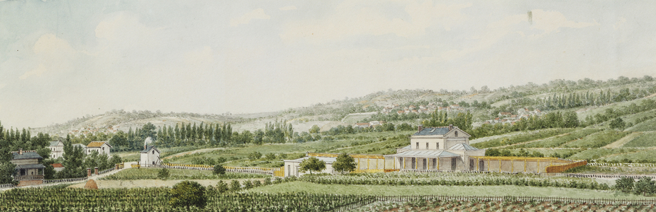 A Train Station in the Outskirts of Paris, 1846 (black chalk, pen and brown and black ink, watercolour on paper)