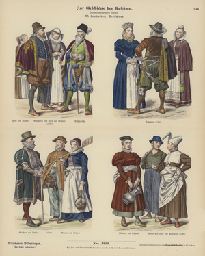 German costumes, 16th Century (coloured engraving)