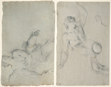 An angel in flight, and an angel leaning down with upraised arm (black chalk on blue paper)