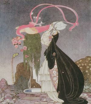 I have had such a terrible dream, she declared, "... a pretty bird swooped down, snatched it from my hands and flew away with it", illustration from, In Powder and Crinoline: Old Fairy Tales, retold by Arthur Quiller-Couch (1863-1944), pub.1913 (colour litho)