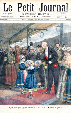presidential trip in Brittany is an engraving by F. Meaulle representing the french president of the republic, Felix Faure when he get out from the train, extracting from the illustrated supplement of the petit Journal, publishing on august 23th, 1896