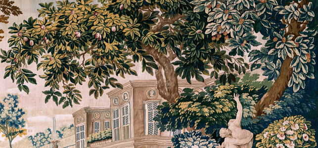 Collegiate church (“Parochiekerk Sint-Walburga”). Interior. Tapestry. Verdure from Oudenaarde. Scene with lovers in a garden. End 17th-begin 18th century.