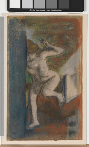 Woman warming herself (pastel on paper)