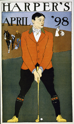 Harper's April 1898 Man in foreground playing golf. (poster) : colour. By Edward Penfield 1866-1925, artist.