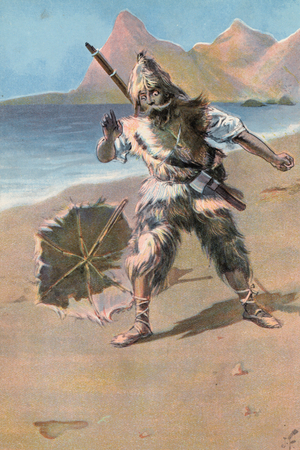 Robinson Crusoe: I see a footprint (colour litho)