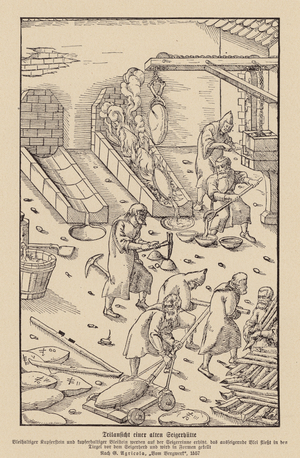 Smelting copper and lead ores (woodcut)