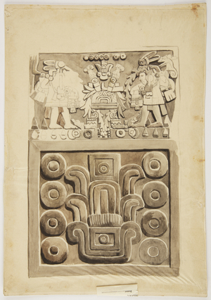 A stone relief from Mexico City showing at the top, two figures of warriors facing a central decorated 'table' (w/c)
