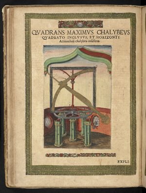 Quadrans maximus chalybeus quadrato inclusus, et horizonti azimuthali chalybeo insistensGreat steel quadrant, confined in a square and standing on an azimuth horizon of steel.Astronomiæ instauratæ mechanica.Tycho Brahe1598