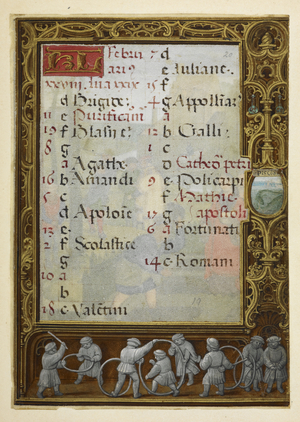 Calendar page for February. Initial, text and at bottom, agricultural workers with hoops.