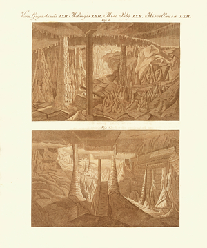 Strange caves (coloured engraving)