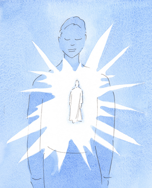 By the Holy Spirit, Christ is present in the baptised person's soul, shining out His love and wisdom, irradiating the soul with Divine joy and goodness., 2004 (w/c on paper)