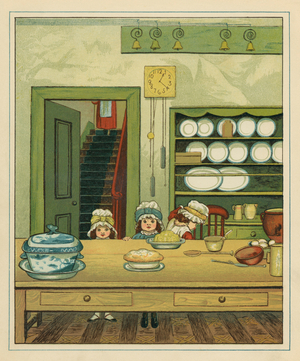 Three Victorian sisters at a dining table