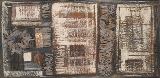 Icelandic Theme (mixed media (matches and hessian and plaster and oil) on board (hardboard))