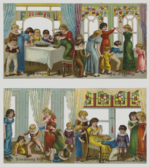 Childrens games: Snap dragon, Oranges and Lemons, Blindmans Buff, Forfeits (colour litho)
