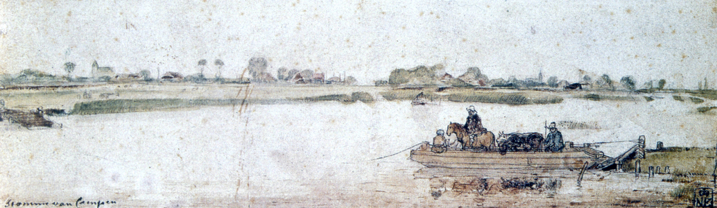 River landscape with ferry. Hendrik Avercamp (1585-1634) Dutch artist. Watercolour, pen brown ink and white highlights. 