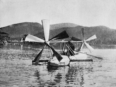 Pioneers of Italian aviation: The hydro-dinghy experimented by engineer Forlanini in 1905. Italy.