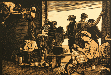 On the Way to Virgin Lands, Students In the Freight Train, 1957 (linocut)