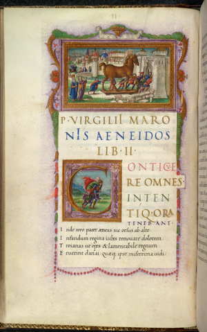 Kings 24, f.73v The Trojan Horse entering the gates of Troy, and the city burning, from Book II of 'The Aeneid', 1497-99 (vellum)