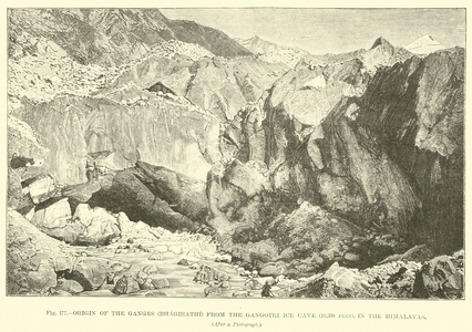 Origin of the Ganges (Bhagirathi) from the Gangotri Ice Cave (10,300 feet), in the Himalayas (engraving)