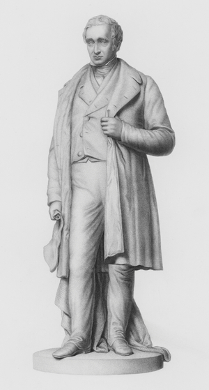 George Stephenson, engraved by J H Baker from the statue by E H Baily, RA (engraving)