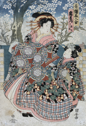 Woodcut illustration of Courtesan Kashiku of the house of Tsuru, standing in front of a blossom tree. Dated