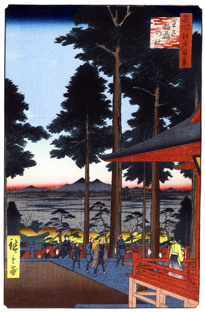 Japan: Spring: oji Inari Shrine; Mount Tsukuba. Image 18 of '100 Famous Views of Edo'. Utagawa Hiroshige (first published 1856-59)
