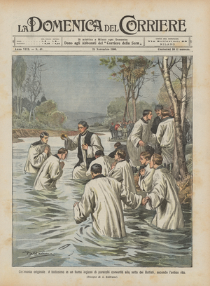 Original ceremony, the baptism in an English river of several converts to the sect of the gods  (colour litho)
