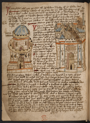 Illustrations of Babylon and Rome labelled 'turris babilonis' and 'roma caput mundi' inserted in the text