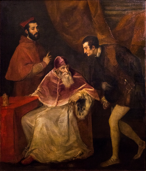 Renaissance - Painting: Portrait of Paul III with his grandsons Alessandro and Ottavio Farnese - Museum of Capodimonte, Naples, Italy