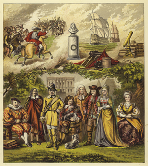 Stuarts, Commonwealth, and House of Orange; King James I, King Charles I, Oliver Cromwell, King Charles II, King James II, William and Mary, Queen Anne (chromolitho)