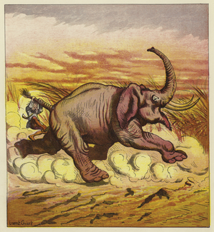 Jim Bold and an enraged elephant (colour litho)
