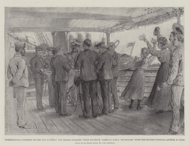 International Courtesy on the Way to China, the German Steamer "Prinz Heinrich" greeting HMS "Highflyer" with the British National Anthem at Suez (litho)